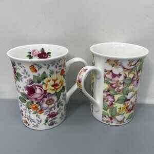 2 Roy Kirkham Fine Bone China Coffee Mugs Cups England Floral Rose Flowers